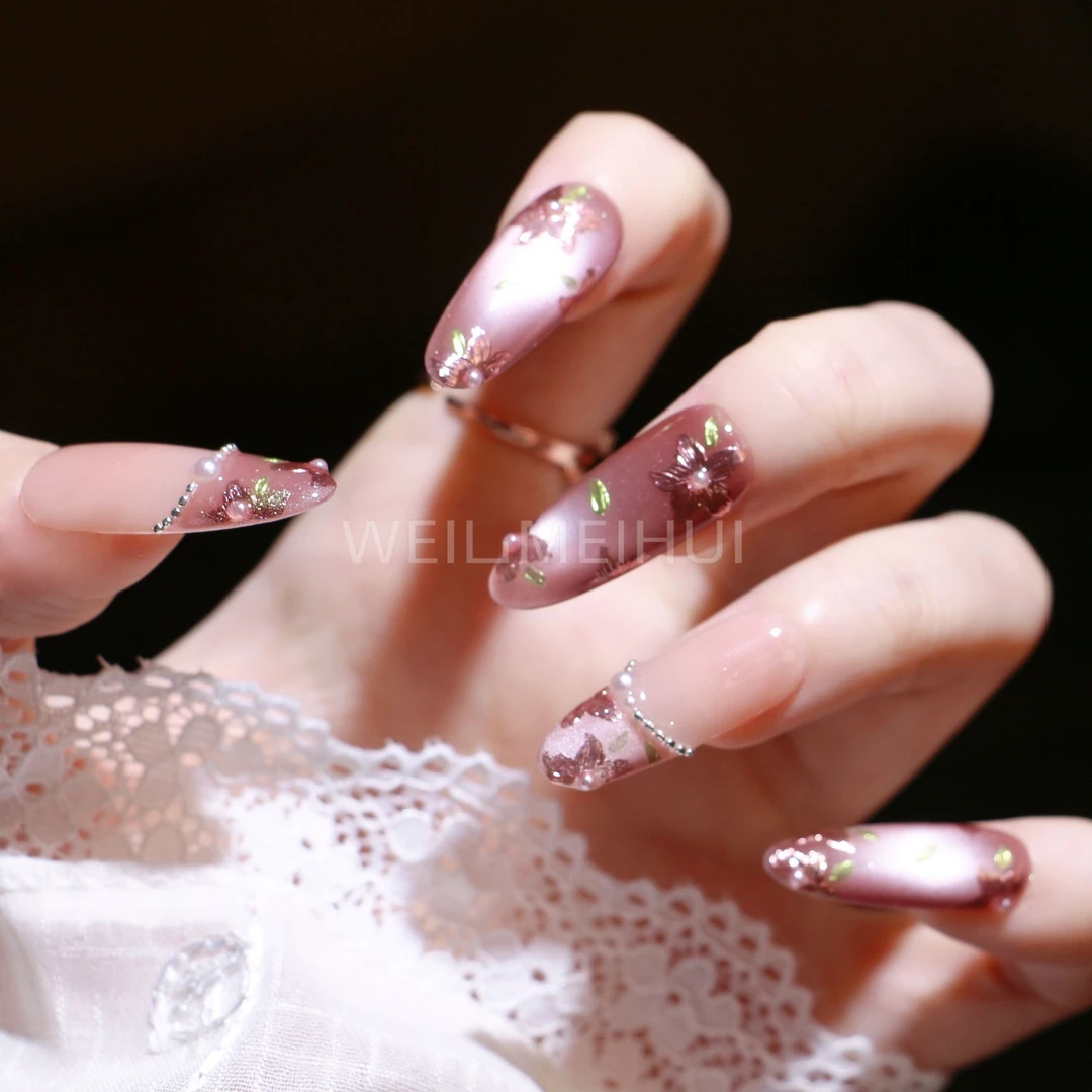 （繁花）繁花温柔冰透爆闪高级法式猫眼显手白显手长纯手工穿戴甲