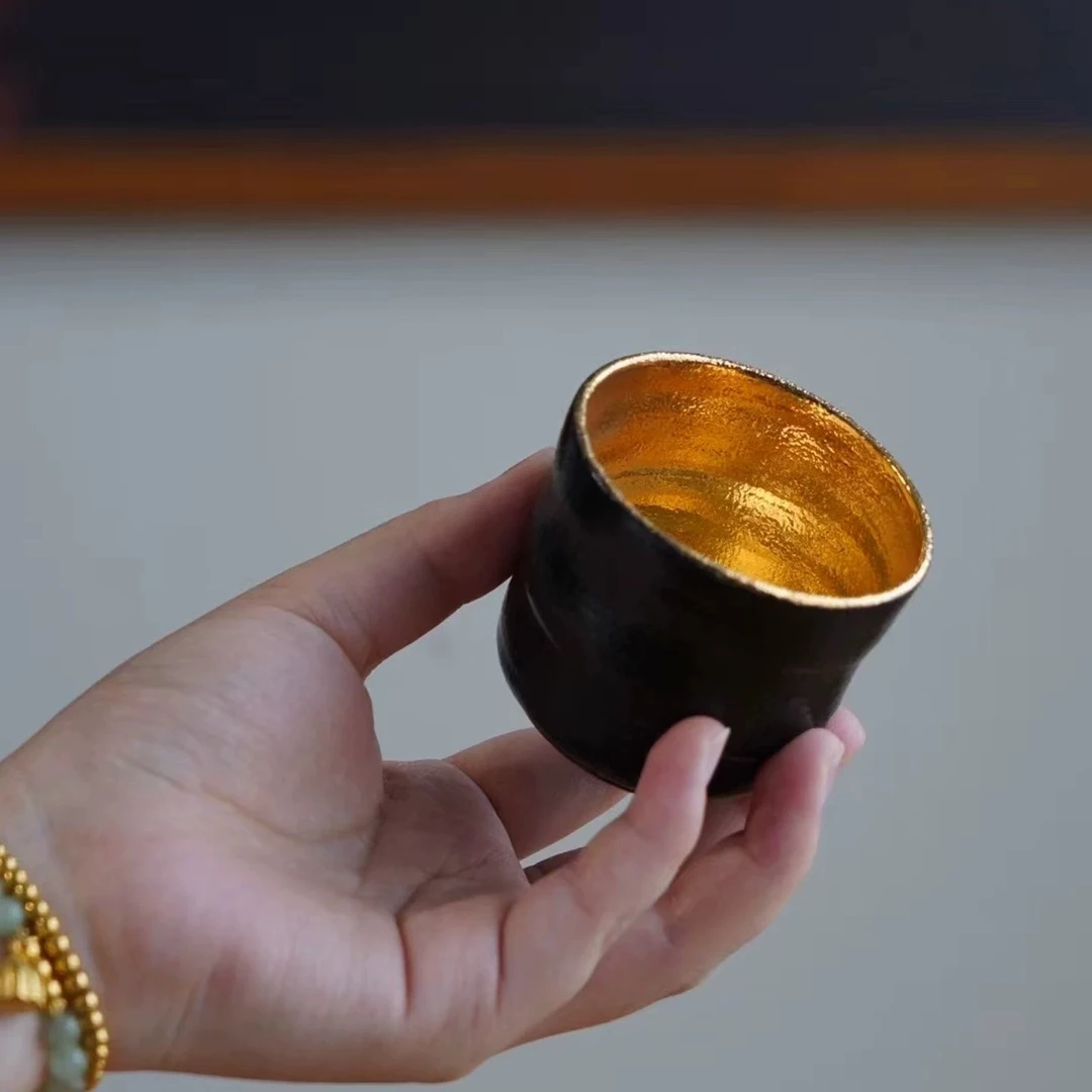 景德镇手工陶瓷正红花口鎏银高足家用红茶柴烧杯品茗主人杯茶杯