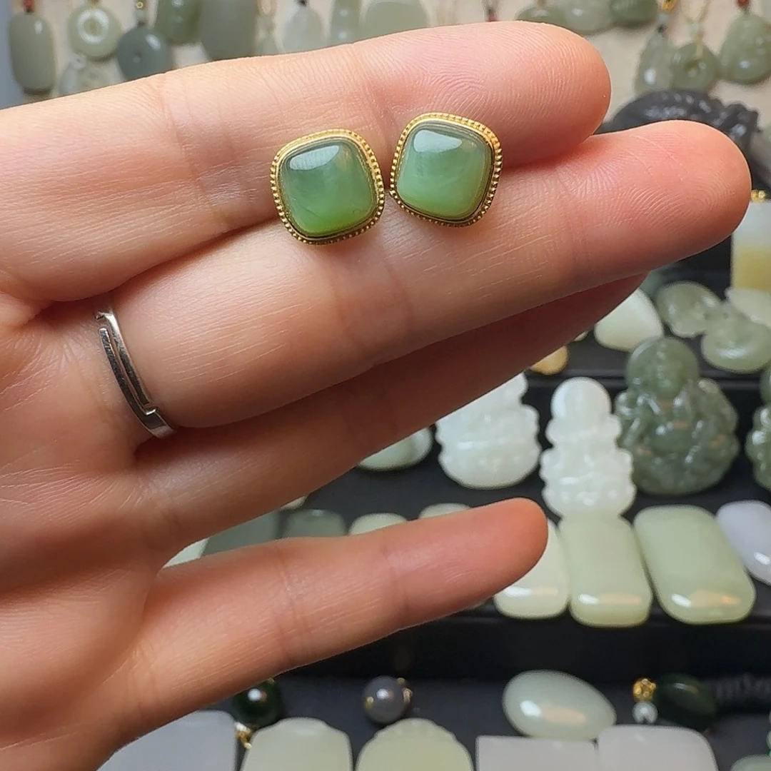 和田玉（碧玉）银S925镀金镶嵌耳饰