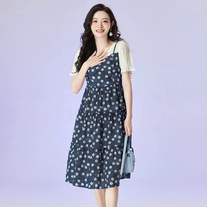 H749蓝花连衣裙纯色蕾丝女士时尚气约潮拼接裙子春秋色牛仔