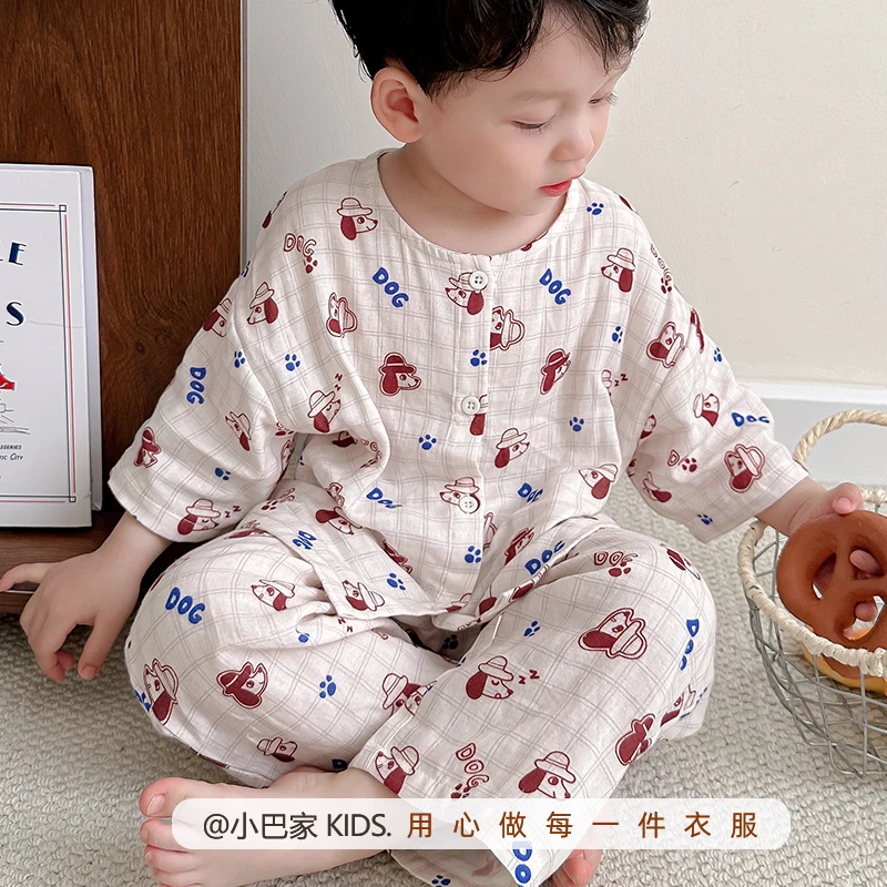 宝宝夏季纱布睡衣纯棉薄款儿童空调衫婴儿韩版家居服男女套装