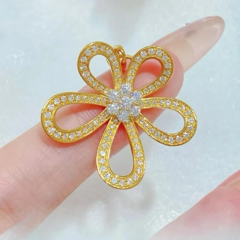 黄金999足金格桑花吊坠大花朵满钻吊坠