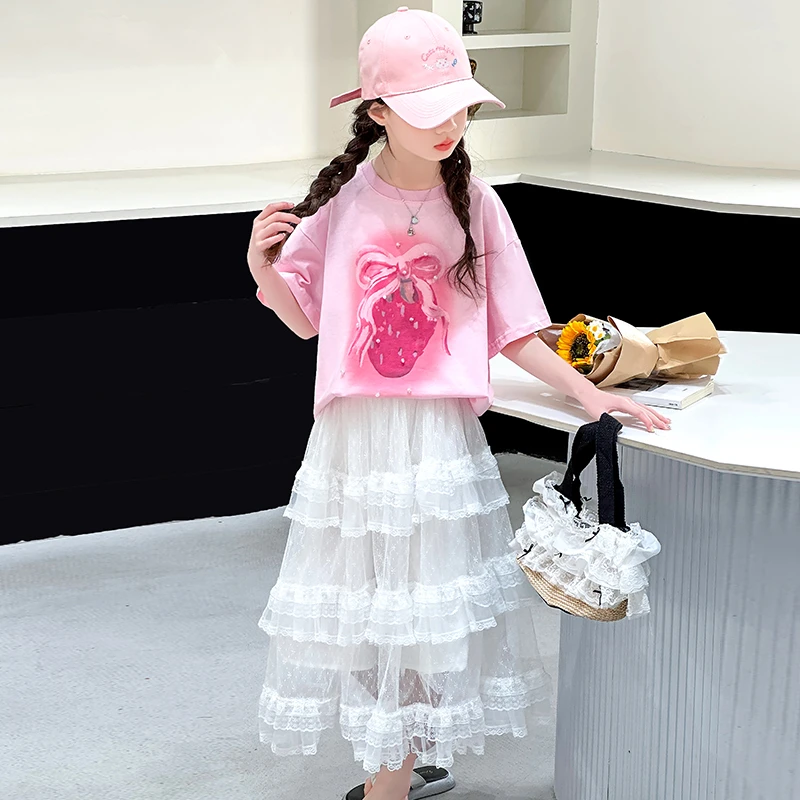 女童套装套裙夏季超仙3-15岁洋气中大童宽松T恤上衣+女孩半身裙子