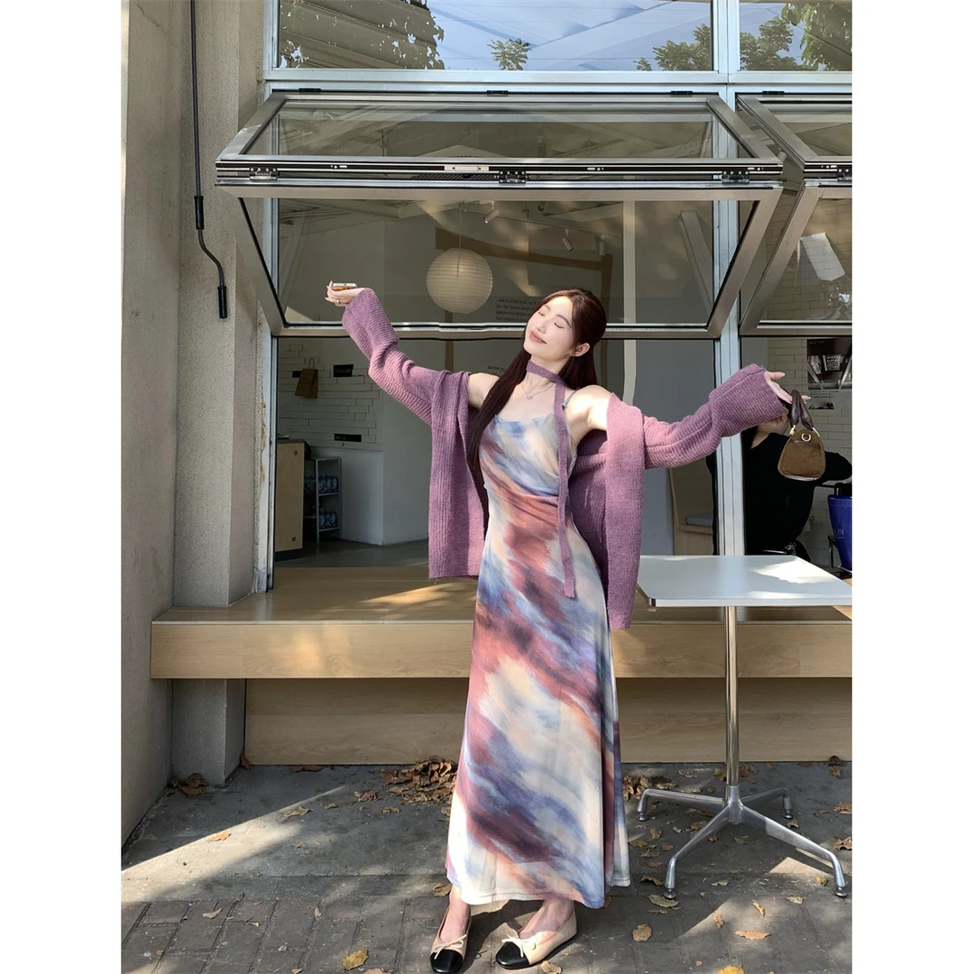 复古气质晕染吊带裙套装女小众设计感时尚百搭长袖针织开衫两件套