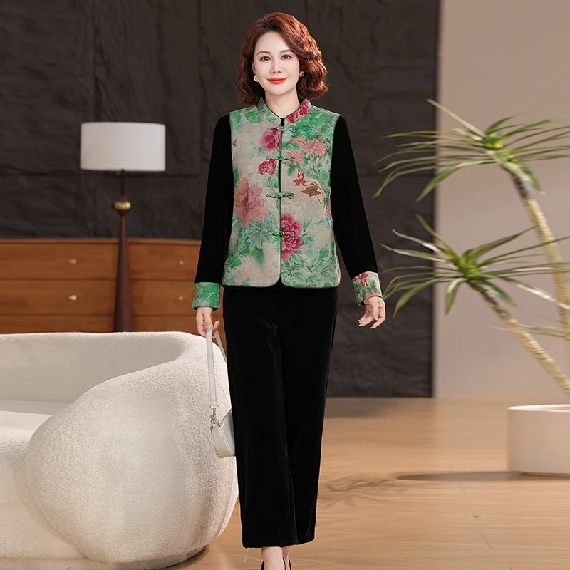 妈妈装秋装新中式金丝绒套装女2025新款中老年女装国风三件套宽松