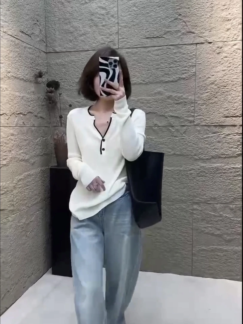 24203 女衬衫袖假两件款常规款毛针织衫秋季减龄百搭