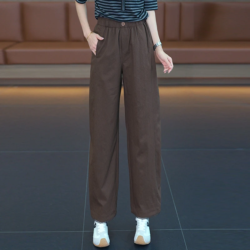 春秋松紧腰直筒裤阔腿裤女2025秋季新款时尚百搭高腰复古休闲裤潮
