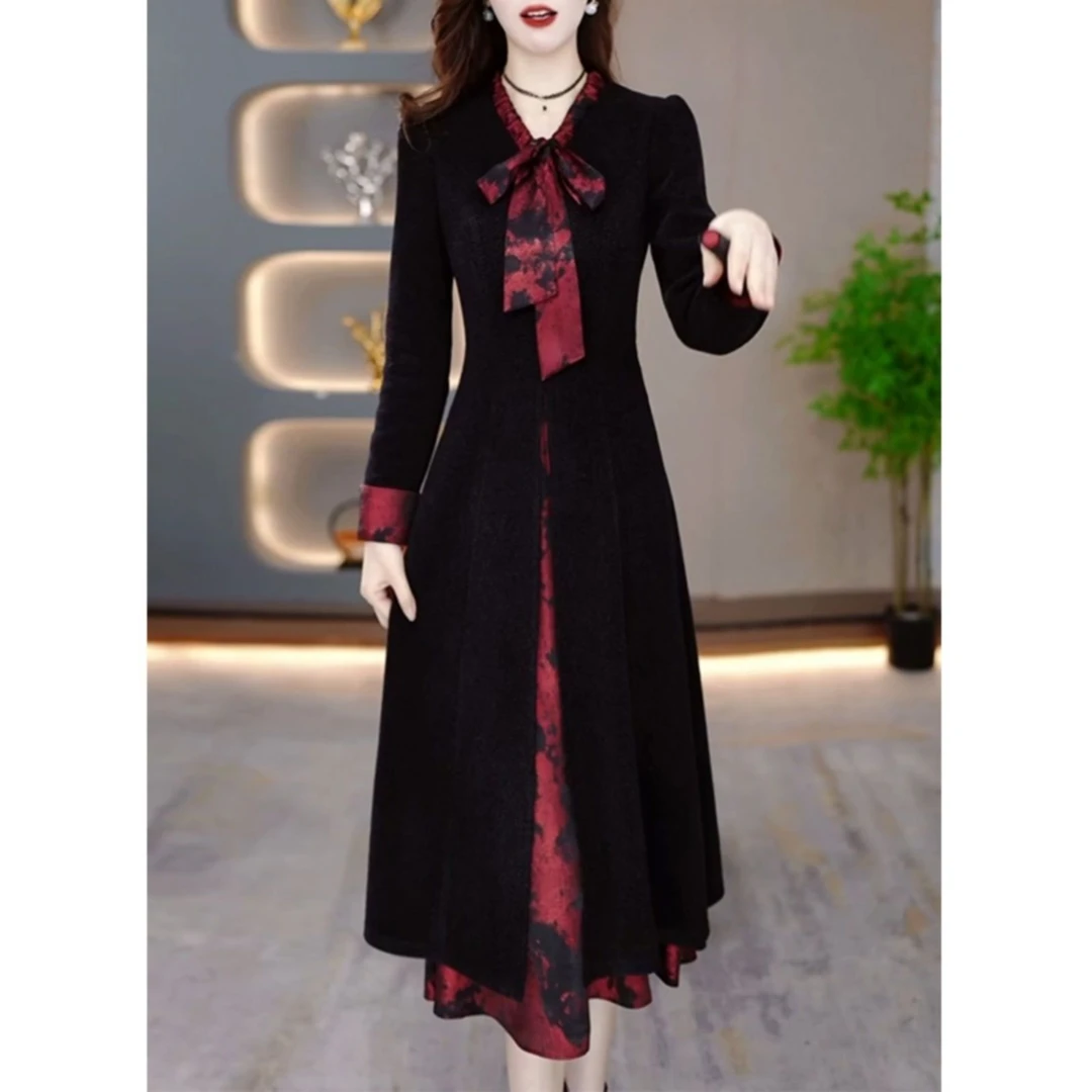 贵夫人洋气加厚假两件连衣裙女2025年高贵洋气妈妈配大衣打底裙子