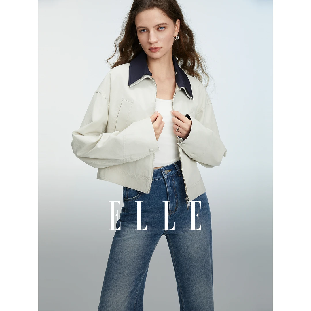 【商场同款】ELLE法式撞色翻领短款夹克外套女2025春季新款L8CFS015
