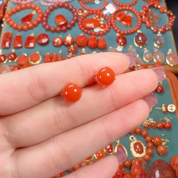 南红玛瑙银S925镶嵌8+耳饰