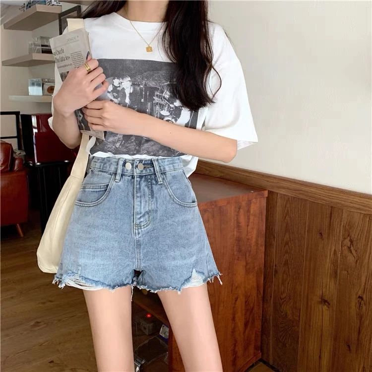 浅色破洞牛仔短裤女夏季甜辣百搭高腰显瘦梨形身材阔腿a字热裤子