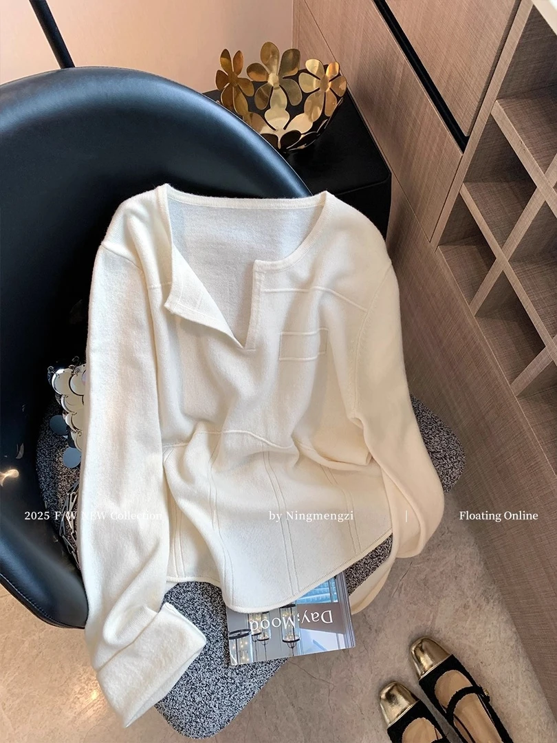 简约米白色半开领针织衫女2025早秋新款慵懒时尚百搭气质显瘦毛衣