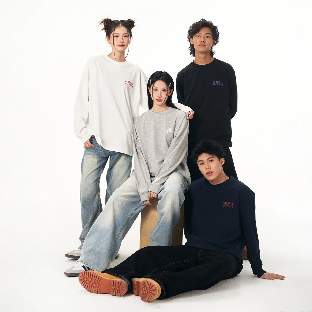 BIPOLAR厚板胶百搭休闲情侣宽松纯棉圆领长袖T恤  11B429