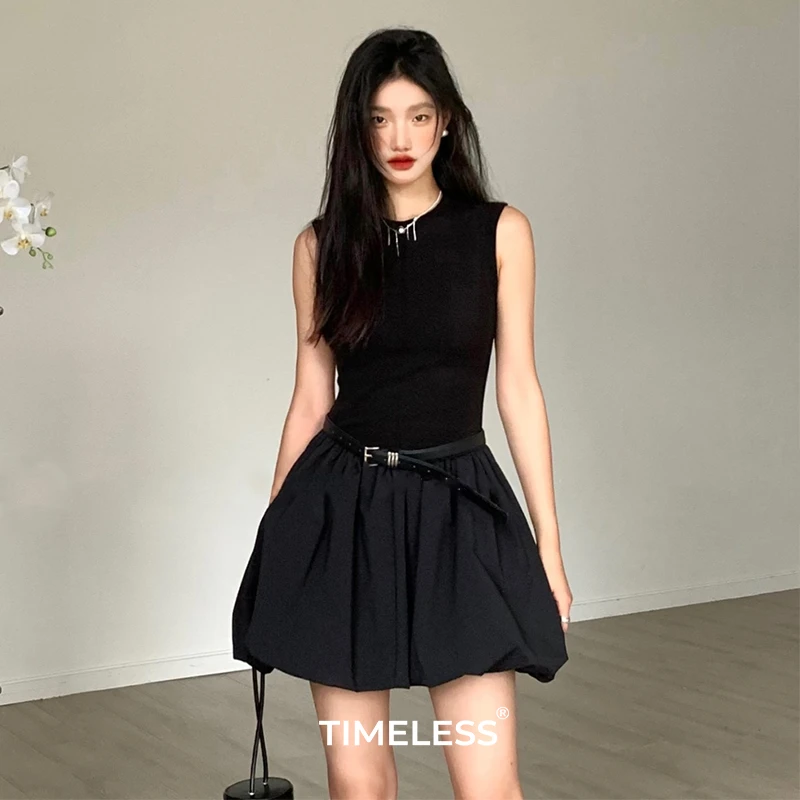 TIMELESS·美式辣妹连衣裙夏季收腰黑色高级感气质蓬蓬花苞短裙女