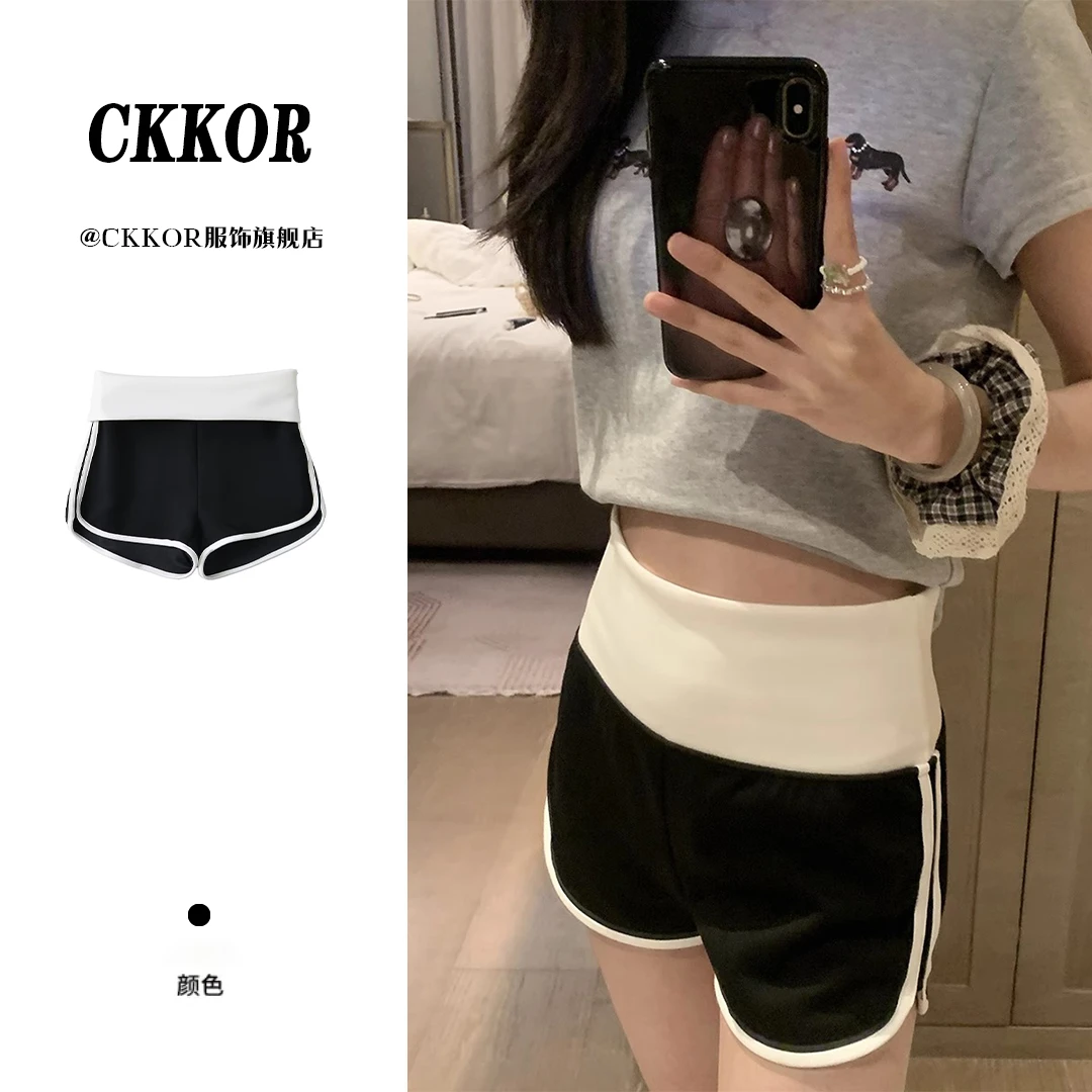 CKKOR夏季撞色百搭时尚短裤女透气速干拼接瑜伽裤弹力提臀三分裤