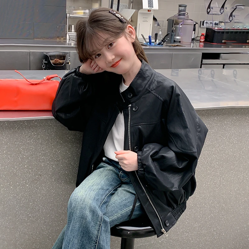 女童皮衣外套2025新款儿童秋季洋气立领上衣大童女孩炸街秋装夹克