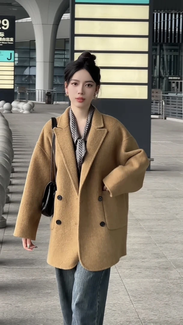 「王六十」韩系短款四粒扣双面呢大衣时尚气质百搭羊毛大衣zb01