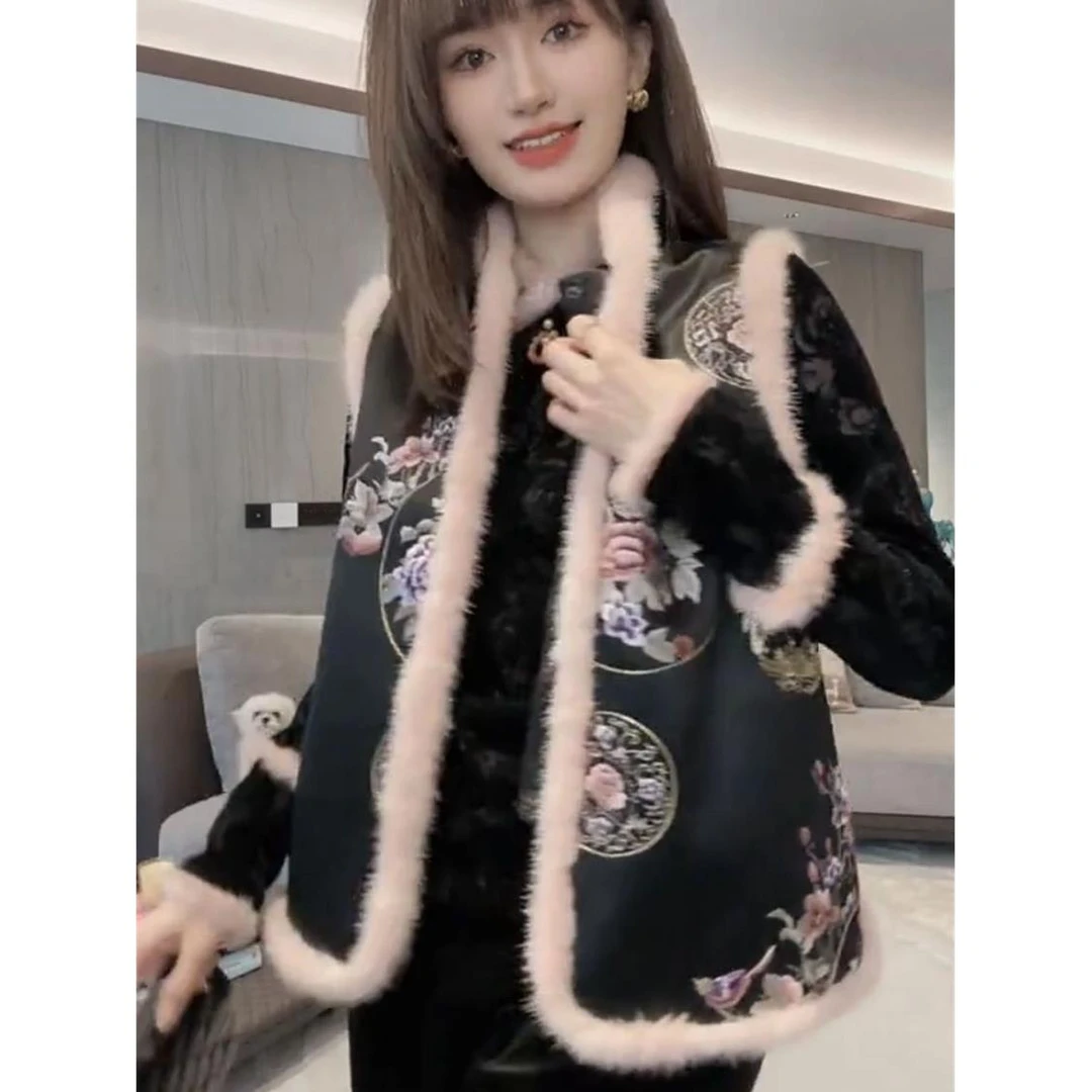 春季新中式国风印花毛边马甲小衫两件套16170高个小个子秋冬套装