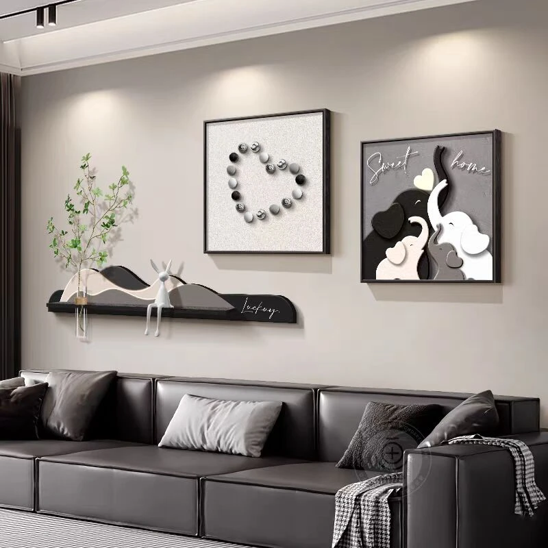 现代简约客厅装饰画沙发背景墙挂画水培绿植大象一家餐厅组合壁画