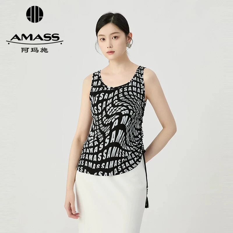 阿玛施AMASS 潮酷黑白印花单边抽绳流苏阿玛施老爹背心