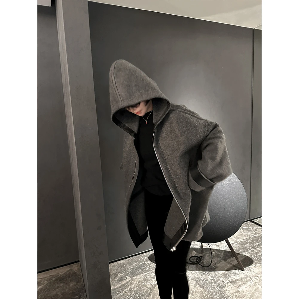 SHIIEELL2025新款通勤显瘦慵懒休闲羊毛混纺定染灰连帽外套P6022