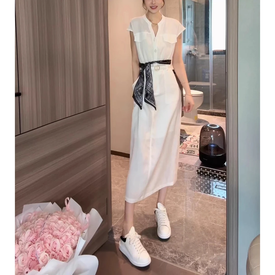韩系简约通勤显白气质连衣裙夏季新品纯色短袖高级感中长款连衣裙