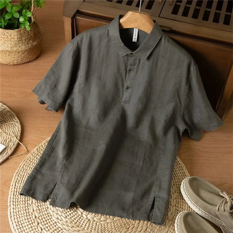 300斤加大码老钱风复古短袖polo衫男女夏季轻薄亚麻休闲百搭上衣2