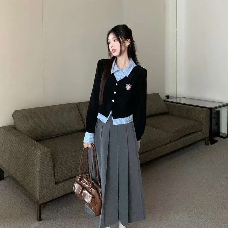 学院风假撞色长袖衬衫百褶裙盐系韩系学院风三春秋显瘦气质件套