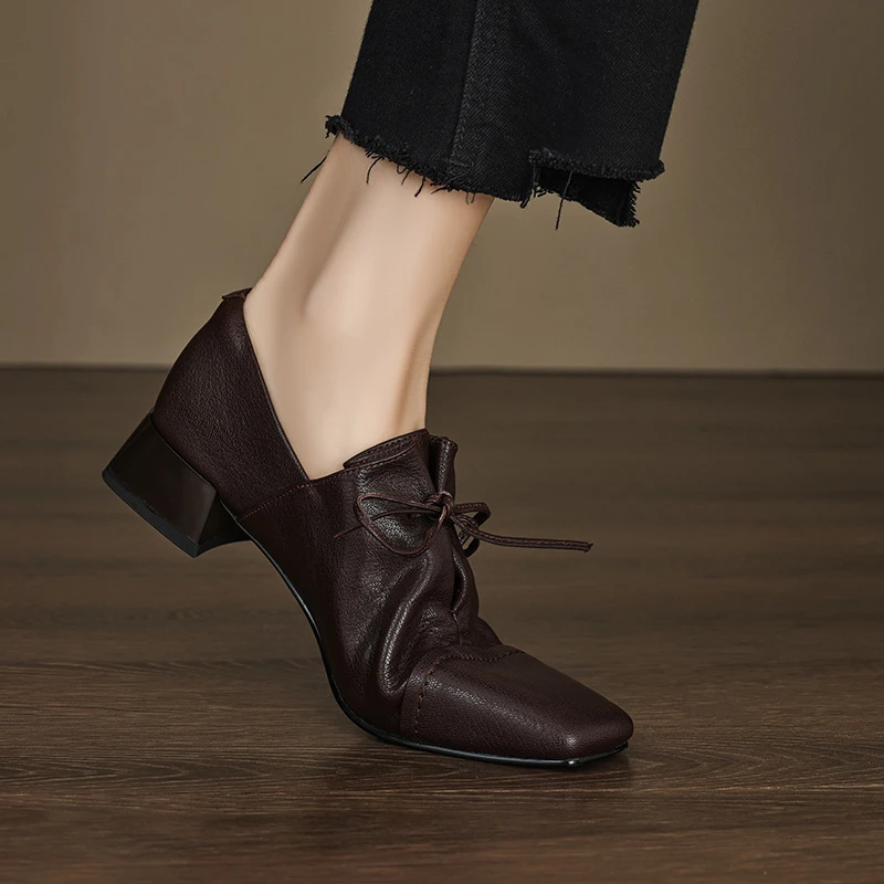 超软羊皮英伦风深口系带小皮鞋女方头乐福鞋真皮复古中跟粗跟单鞋