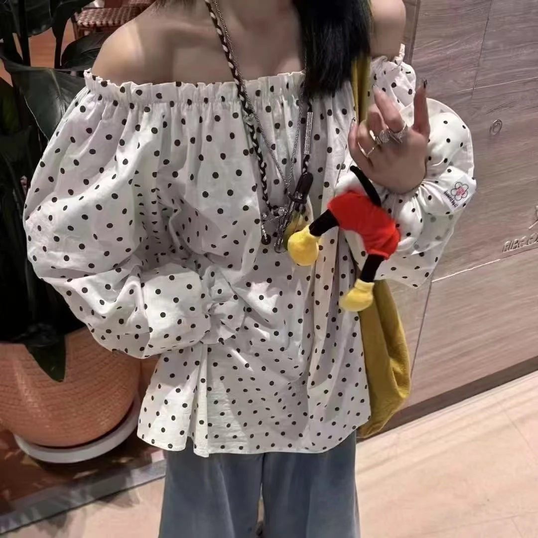 韩版波点一字肩衬衫甜美设计感长袖上衣夏季薄款