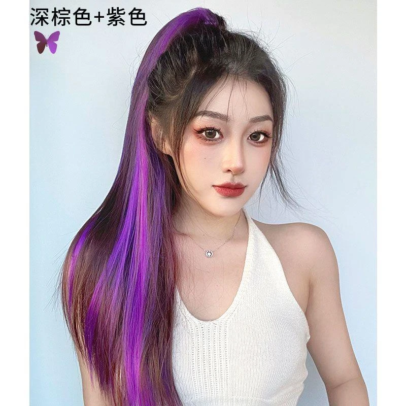马尾假发女中长发抓夹网红高马尾彩色直发挑染仿真发辫子自然无痕