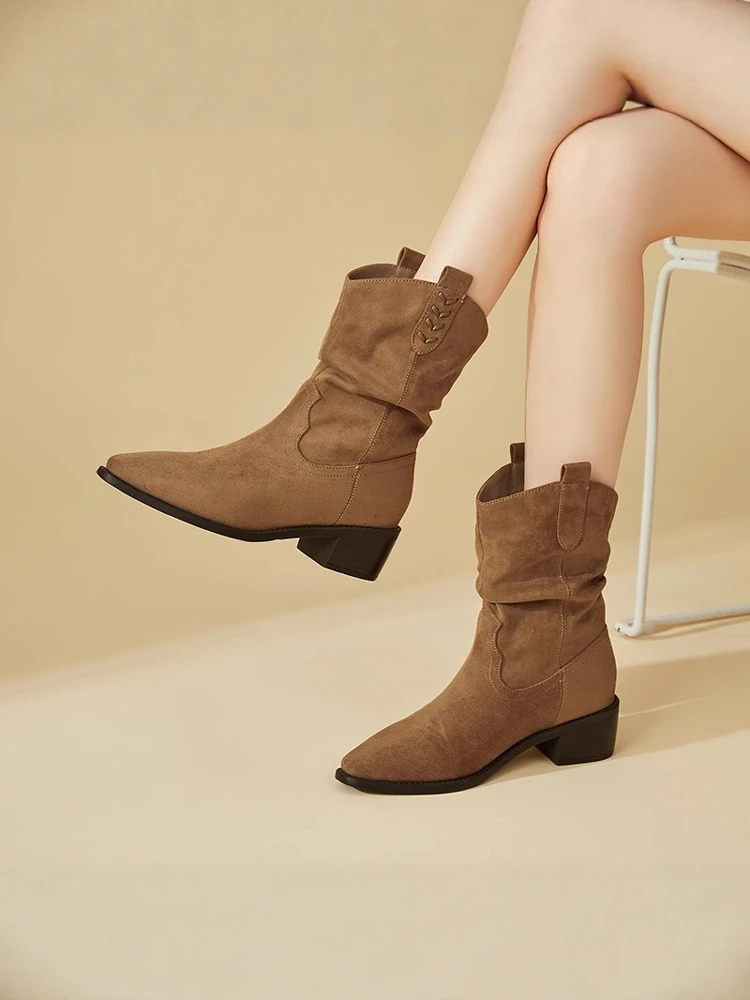 巨好穿～粗跟小个子中筒靴子女2025新款美拉德复古气质西部牛仔靴