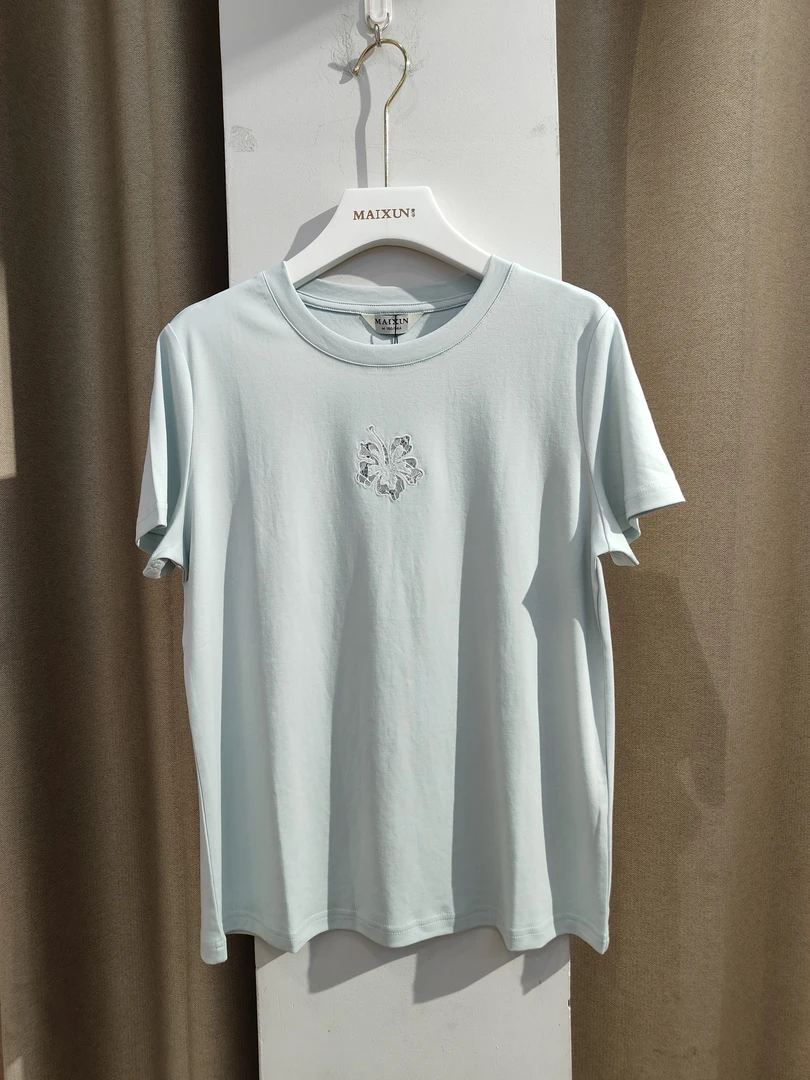 麦寻专柜拼接静奢风圆领有弹力T恤印花简约纯色蓝色宽松夏季