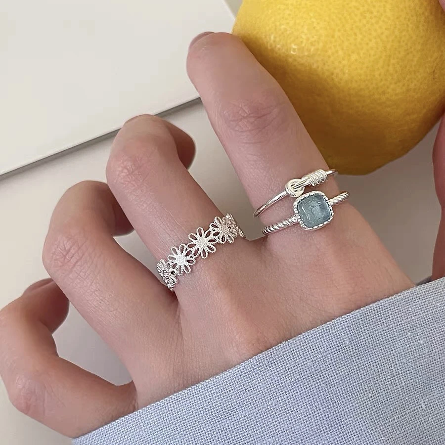 925银琉璃戒指 蕾丝花环镂空开口纯银戒指女方糖食指戒高级指环