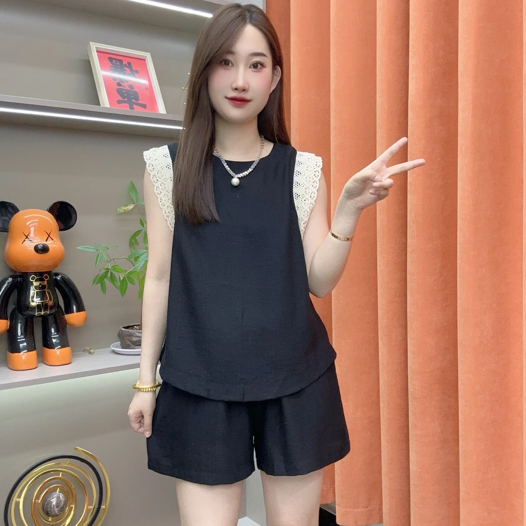 （清仓）夏季新款时尚休闲蕾丝拼接上衣短裤套装