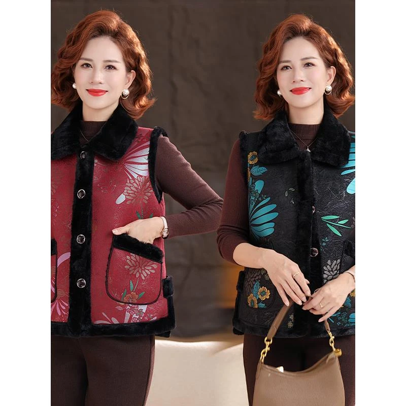 中老年妈妈装加绒加厚翻领马甲女2025秋冬新款洋气国风背心花坎肩