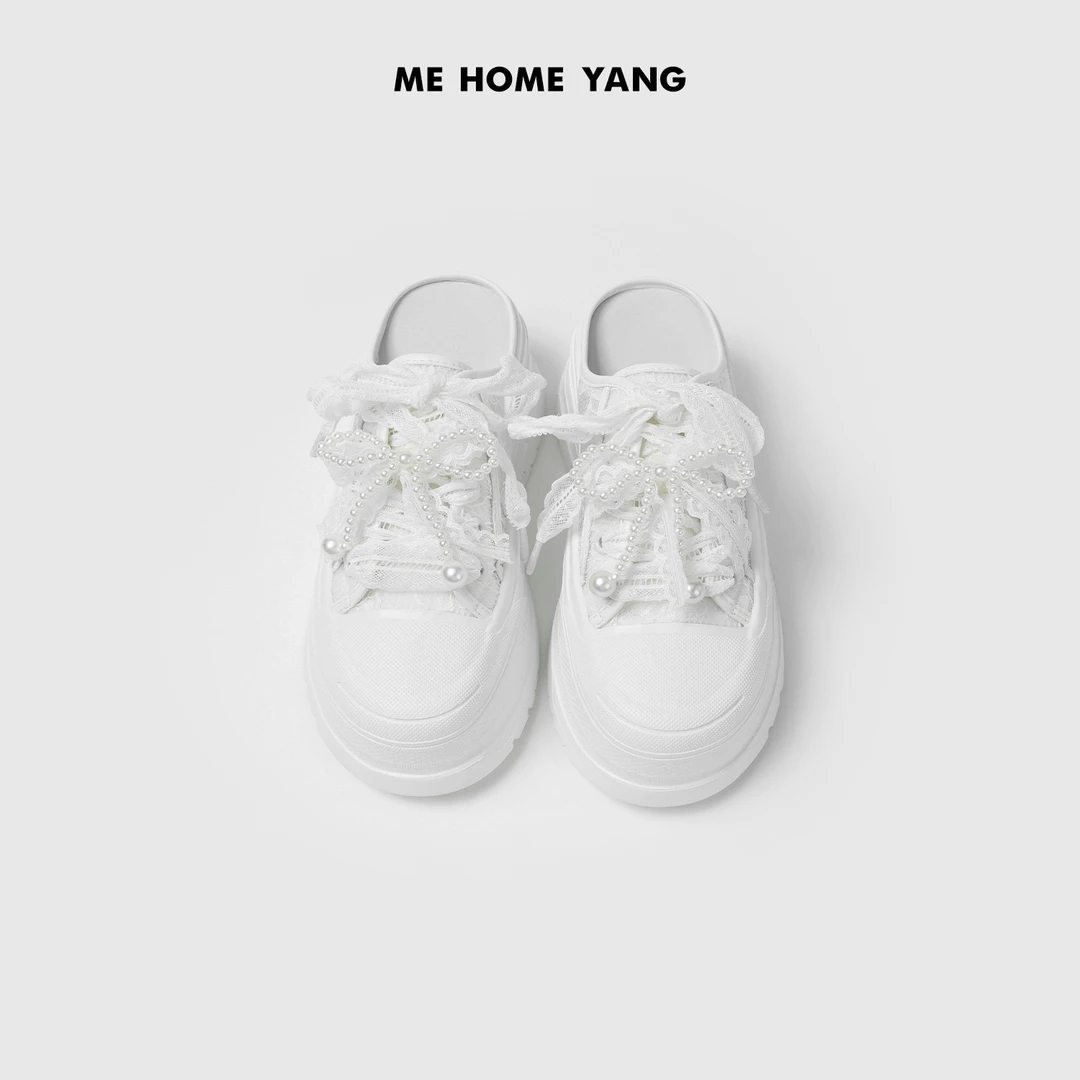 ME【蕾丝钉珠包头鞋】重工蕾丝透气厚底百搭时尚一脚蹬鞋子MESS1866