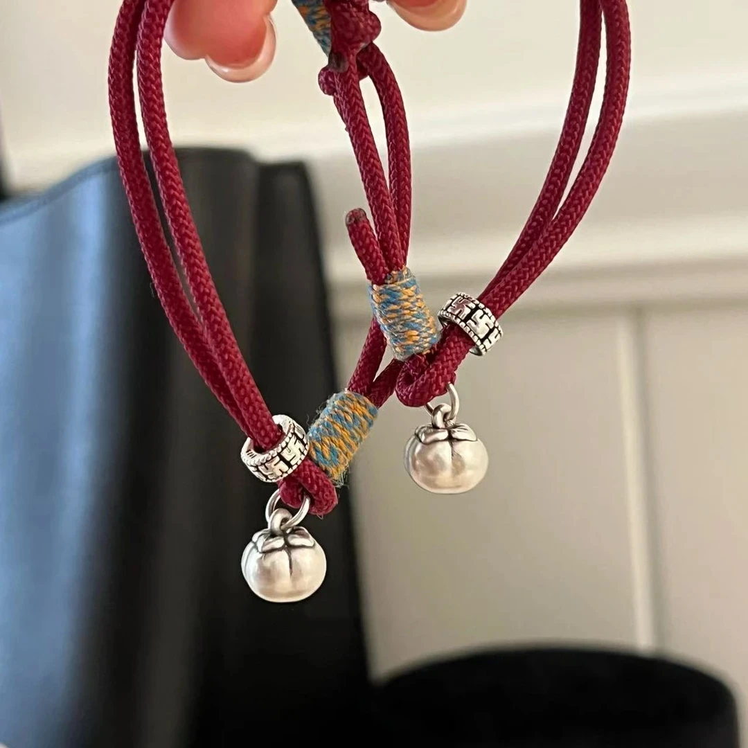 足银手链 时尚百搭足银999柿子红绳手链气质