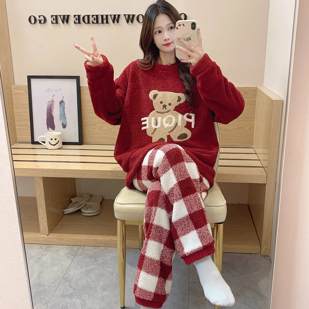 网红爆款秋冬季睡衣女长袖长裤可爱卡通冬季加绒保暖款家居服套装
