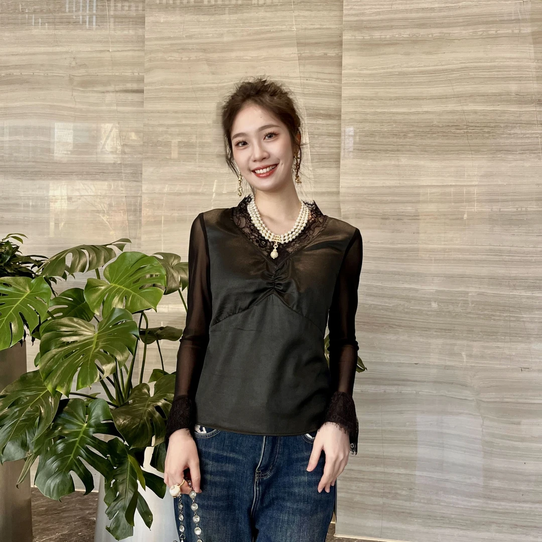FSSIA惊鸿丨香云纱100桑蚕丝蕾丝拼接气质百搭打底衫上衣MS-5005