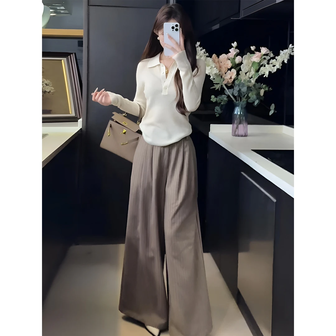 巨好看的秋装一整套韩系气质减龄polo领针织衫显瘦阔腿裤套装女