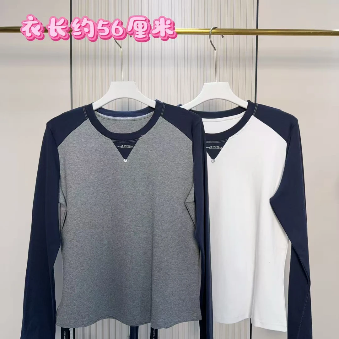 6589拼接撞色小圆片圆领洋气长袖T恤