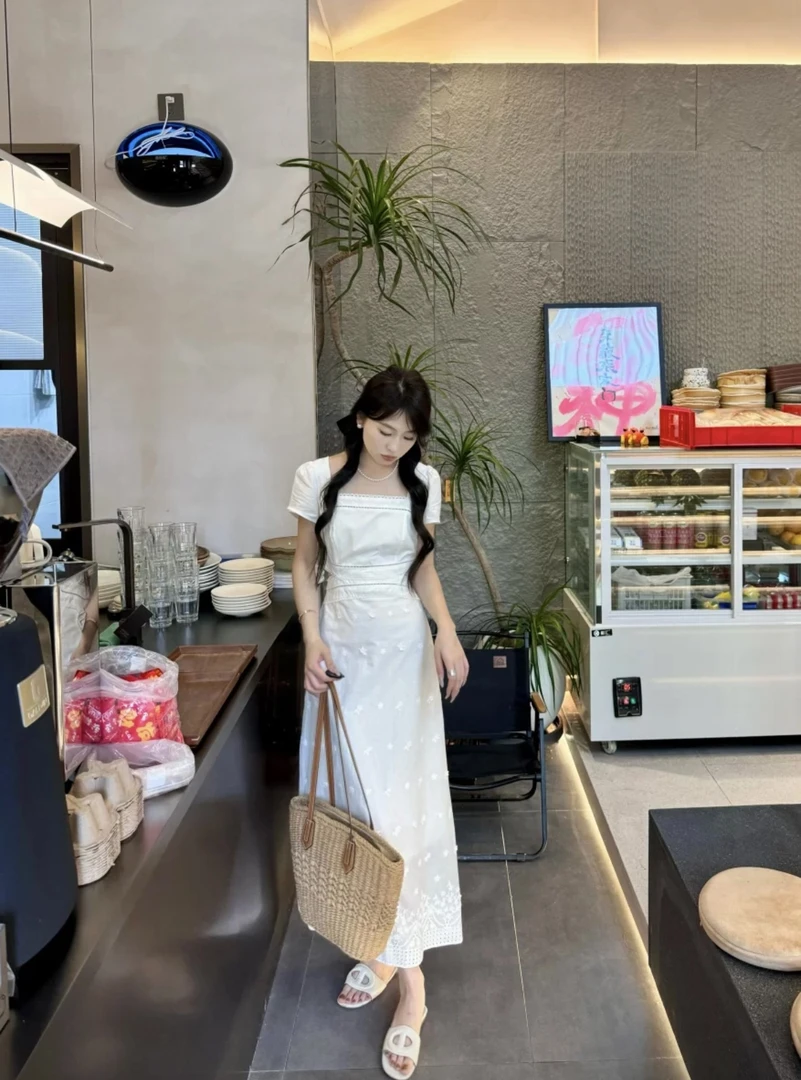 短袖拉链夏天夏季方领长裙连衣裙泡泡袖设计感时尚