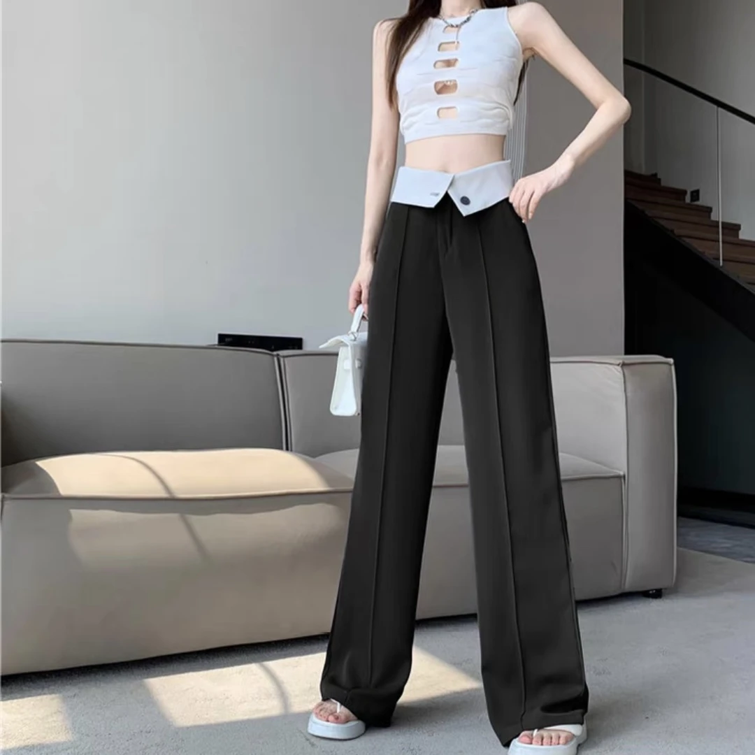 翻边欧美高街复古高腰辣妹设计感显瘦裤子-E63978