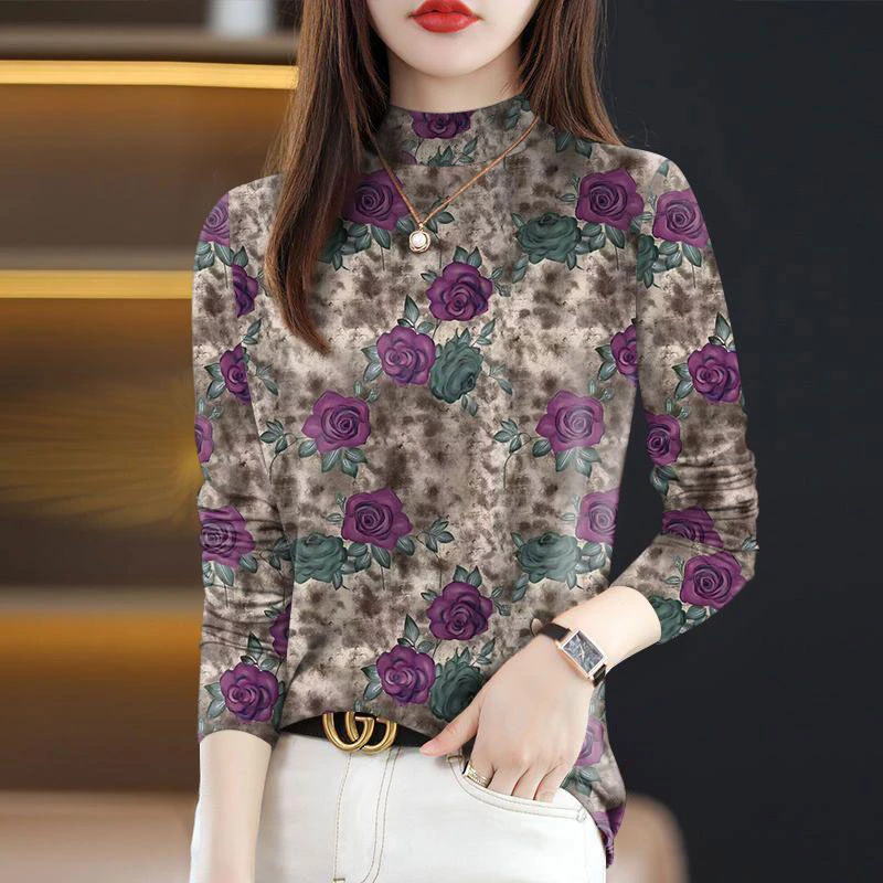 秋冬半高领德绒打底衫保暖女士显瘦上衣洋气气质高档百搭印花长袖