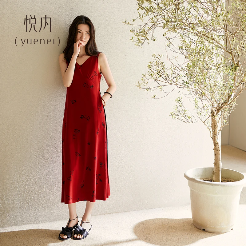 悦内带胸垫睡裙女款睡衣夏季夏天莫代尔无袖吊带背心薄款长裙红色