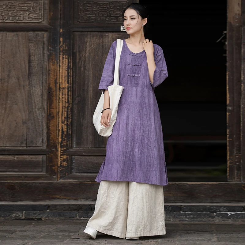 25夏新品前襟盘扣V领显瘦高级设计感手工扎染连衣裙宽松优雅袍子