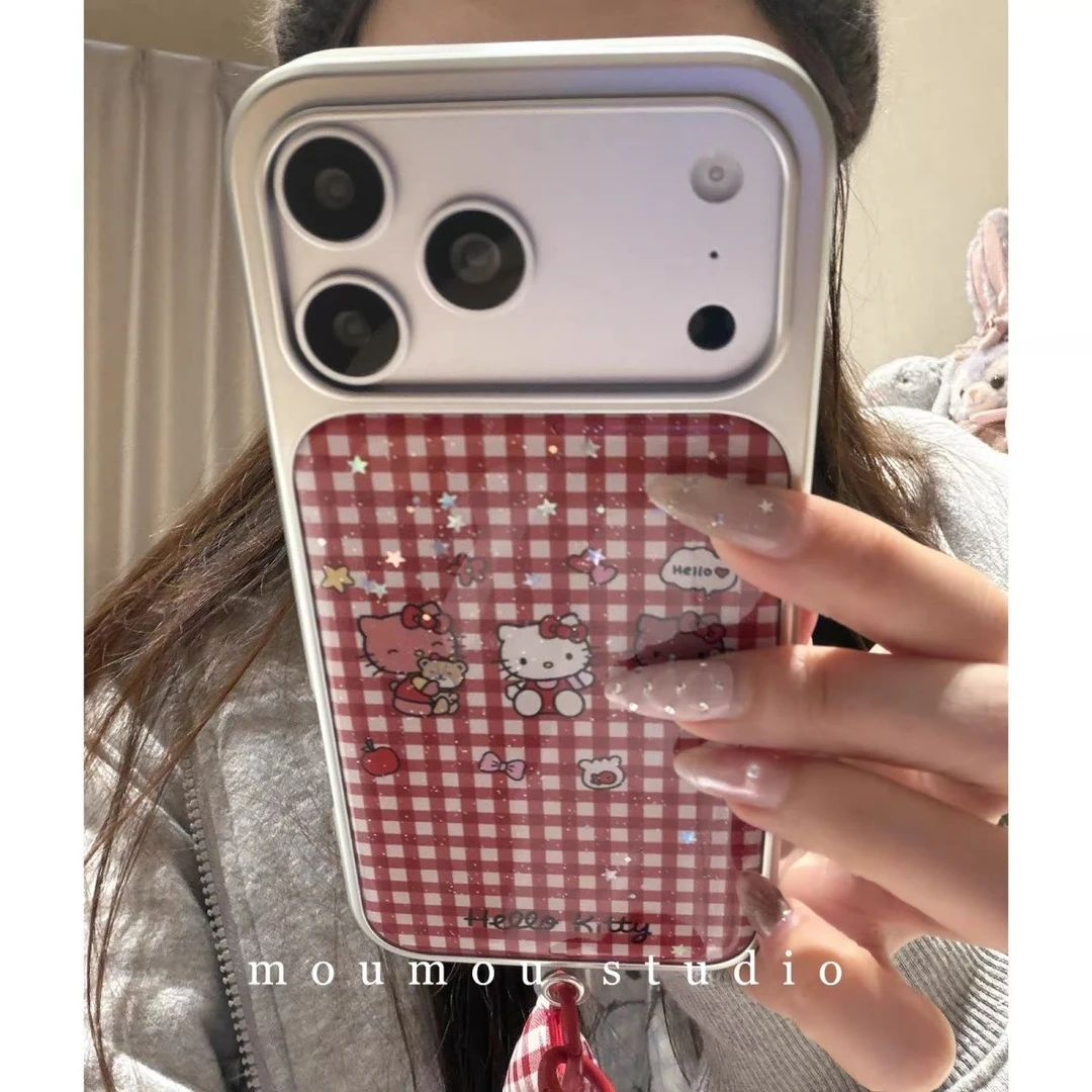 可爱卡通闪粉红格纹猫咪适用于苹果17ProMax手机壳保护套16pro/15