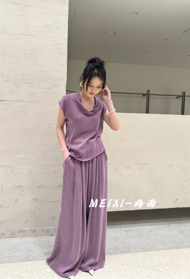 休闲风铜氨丝时尚套装简约阔腿裤百搭夏季女装休闲裤显瘦气质裤子