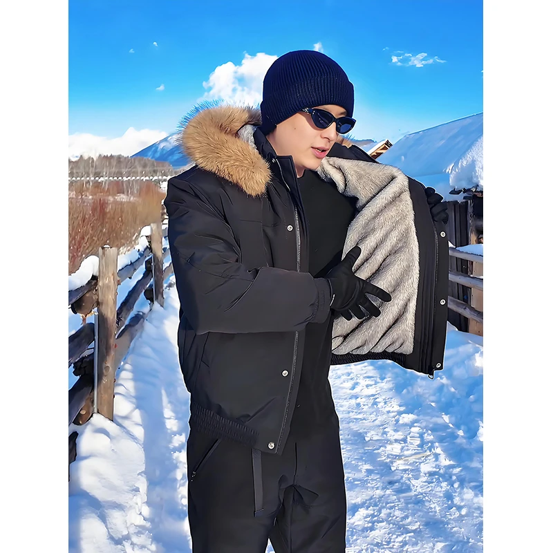 防水貂毛棉服外套男冬季加绒加厚座山雕毛领棉衣可拆卸帽子派克服